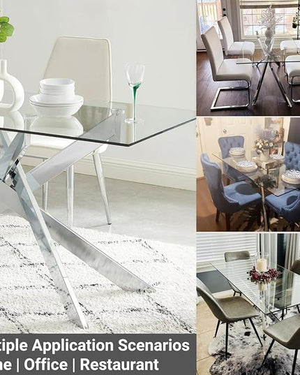 Edwin's Choice 58.5” Rectangle Glass Dining Table, Tempered Glass Tabletop and Metal Tubular Legs, Modern Style Table for Home, Kitchen, Dining Room 58.5”Lx29”Wx30”H, Silver (Table Only)