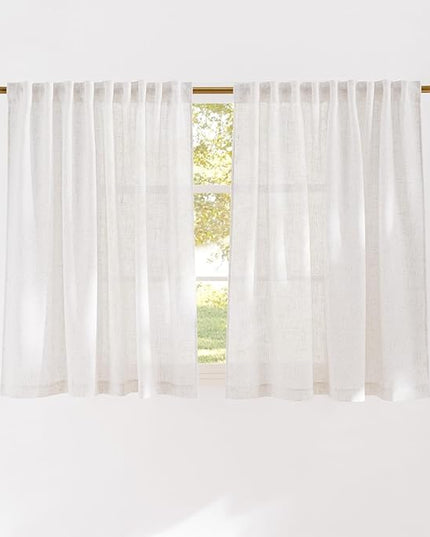 NICETOWN Kitchen Window Curtains Natural Thick Linen Blend (230GSM), Back Tab & Rod Pocket with Pleat Tab Semi Sheer Window Treatments Light Filtering for Kids Room, W52 x L48, 2 Panels