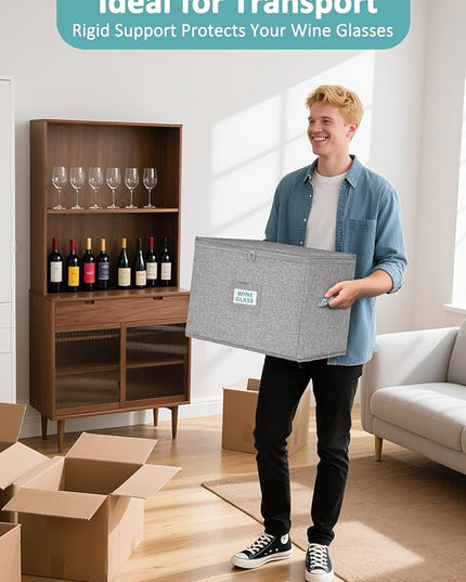 Cirhy Wine Glass Storage Box, Stackable Rigid-Shell Glassware Storage Containers with Dividers & Handles, Holds 24 Crystal Glasses, 2-Pack Protective Stemware Organizer for Moving, Kitchen Storage