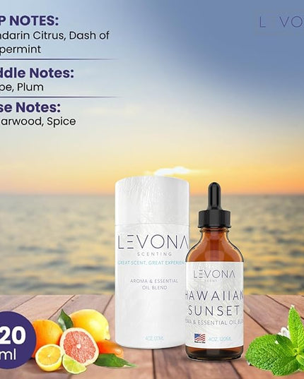 Levona Scent Essential Oils - Scents for Home, Hotel & Office Use - Perfect for Home Diffuser & Humidifiers - Aroma Fragrance Oil, Ideal for Massage, Relaxation, and Spa - Hawaiian Sunset, 120ml