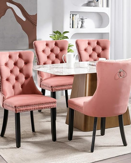 SoarFlash Velvet Dining Chairs Set of 4, Tall Back Side Chair, Modern Upholstered High-end Tufted Side Chair with Button Back Ring, Solid Wood Legs (Pink)