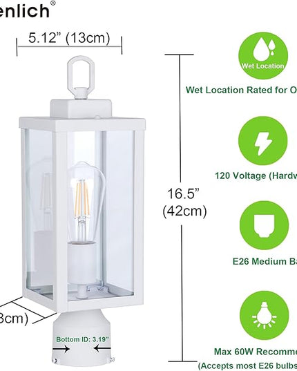 GRUENLICH Outdoor Post Lighting Fixture Pole Lantern, E26 Medium Base Max 60W, Metal Housing Plus Glass, Matte White Finish, Bulb Not Included, 2 Pack