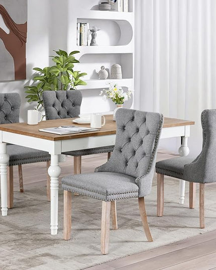 SoarFlash Linen Fabric Dining Chair Set of 4, Upholstered Tufted Dining Room Chair with Nailhead Trim, Solid Light Color Wood Leg for Kitchen (Smoky Gray)