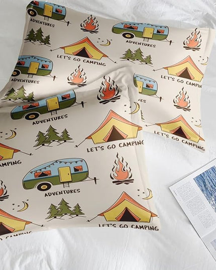 Comforter Set King Size, Summer Camp Camper 7 Pcs Bedding for Kids and Adults, Camping Adventure Bed Sheet Sets with Fitted Sheet 2 Pillowcases & 2 Shams for Bedroom Bed Decor