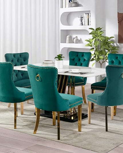 SoarFlash Velvet Dining Chair Set of 8, Upholstered Tufted Dining Room Chair with Nailhead Trim and Solid Gold Plated Leg for Kitchen (Black)