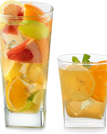 Libbey City Tumbler and Rocks Glass Set, Elegant Drinkware Glasses Set, Tall Drinking Glasses with Modern Lines, Dishwasher Safe Drinking Glasses Set of 16
