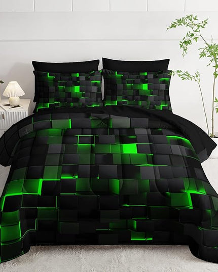 Geometric Green Black Queen Comforter Set,Light Honeycomb Bedding Set 7 Piece in A Bag,Bed Sheet Set Geometry Decor,Microfiber Lightweight All Season