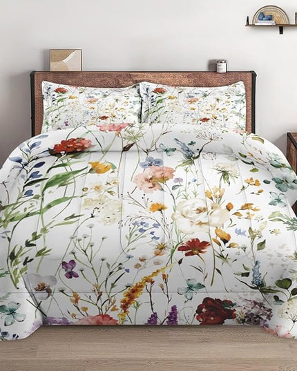 Full Size Comforter Set with 2 Pillowcases, Wildflower Flower Floral 3 Pcs Bedding for Kids and Adults, Boho Watercolor Butterfly Soft Comforter Set for Bedroom Bed Decor