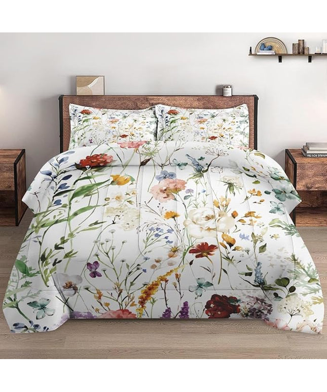 Twin Size Comforter Set with Pillowcase, Wildflower Flower Floral 2 Pcs Bedding for Kids and Adults, Boho Watercolor Butterfly Soft Comforter Set for Bedroom Bed Decor
