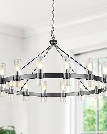 48 Inch Black Chandelier, Wagon Wheel Chandelier with Glass Shade, 16-Lights Large Round Modern Farmhouse High Ceiling Industrial Pendant Lighting Fixture for Dining Room, Living Room, Kitchen, Foyer