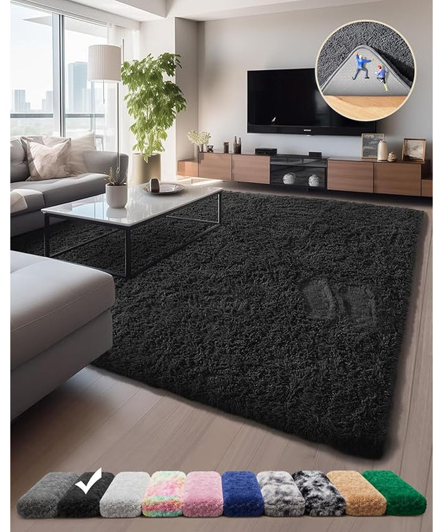 Ophanie 5x8 Rugs for Living Room, Charcoal Black, Large Fluffy Fuzzy Plush Shag Shag Comfy Soft, Non-Slip Indoor Floor Carpet, for Kids Boys Girls Dorm, Room, Bedroom, Playroom, Home Decor Aesthetic