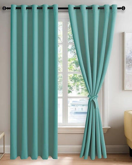 JIUZHEN Turquoise Blackout Curtains with Tiebacks Thermal Insulated, Light Blocking and Noise Reducing Grommet Curtains for Bedroom and Living Room, Set of 2 Window Curtain Panels, 60 x 84 Inch Length