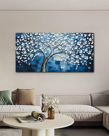SSNEEKNDG Blue Tree of Life Wall Art for Bedroom White Flower Tree Large Artwork for Living Room Office Kitchen Modern Aesthetic Pictures Canvas Prints 24"x48"