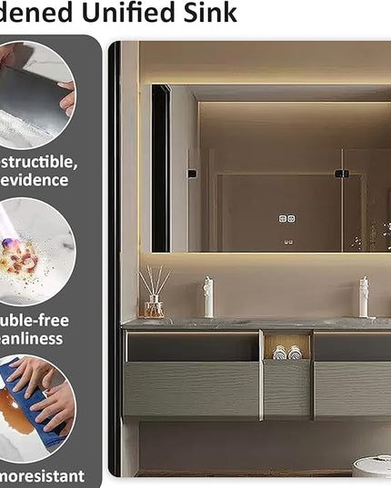 64IN Wood Bathroom Vanity - Double Sink Bathroom Vanity with Sink | Includes LED Intelligent Defogging Mirror Cabinet, 3 Drawers | Intelligent Induction Light & Integrated Double Sinks, Grey
