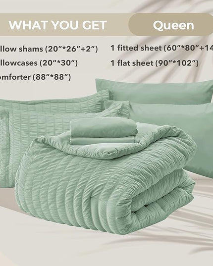 HYMOKEGE Sage Green Queen Comforter Set Seersucker 7 Pieces, All Season Luxury Bed in a Bag for Bedroom, Bedding Set with Comforters, Sheets, Pillowcases & Shams