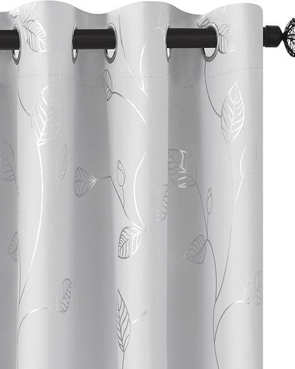 BUHUA White Blackout Curtains 84 Inches Long, Darkening Curtains for Bedroom Window Curtain Panels with Leaf Pattern (52 x 84 Inch,Greyish White,2 Panels)