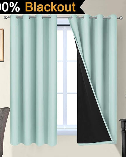 Yakamok Thermal Insulated 100% Blackout Curtains for Bedroom, 2 Thick Layers Completely Blackout Drapes for Living Room with Black Liner(52Wx63L, Aqua, 2 Panels)