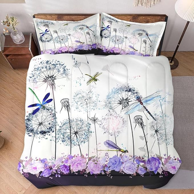 Twin Size Comforter Set with Pillowcase, Spring Dragonfly Purple Flower 2 Pcs Bedding for Kids and Adults, Vintage Summer Botanical Soft Comforter Set for Bedroom Bed Decor