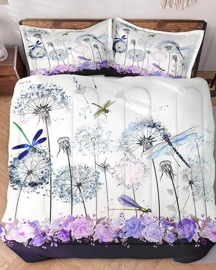 Full Size Comforter Set with 2 Pillowcases, Spring Dragonfly Purple Flower 3 Pcs Bedding for Kids and Adults, Vintage Summer Botanical Soft Comforter Set for Bedroom Bed Decor