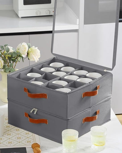 2 Pack Coffee Mug Storage Box with Dividers, Stackable China Storage Containers with Lid, Zipper, and Handles for 32 Mugs and Cups, Mug Storage Organizer for Packing & Moving, Gray