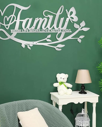 Family Where Life Begins Love Never Ends Word Sign Metal Wall Decor, Silver Home Decor Wall Art Decorations, Letters Quotes Sign for Living Room Bedroom Kitchen Indoor Outdoor Decor(28 x 13in)