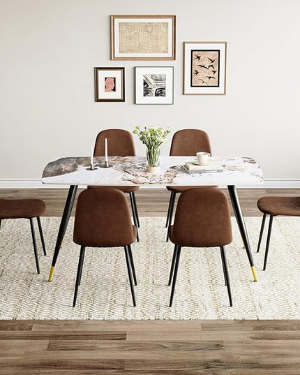 Dinner Table Set for 6, Sintered Stone Kitchen Table Top and Modern Chairs Set of 6 for Kitchen Dining Room