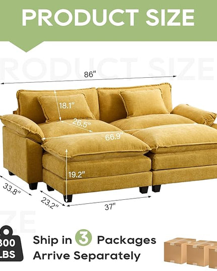 86" Modular Sectional Sofa, Comfy Cloud Couch Sectional Sofa with Ottoman, Chenille Sofa Sleeper Deep Seat Sofa with Throw Pillows for Living Room (Yellow)