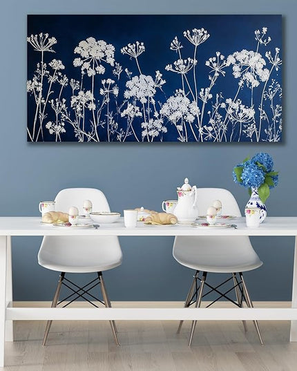 HUADAOART Large Wall Art Navy Blue and White Dandelion Modern Floral Print 24 x 48 inch Canvas Artwork Home Decor Living Room Bedroom Office Decor Ready To Hang