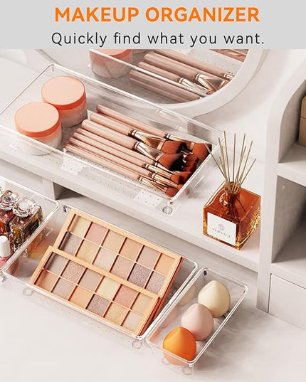 Criusia 12 Pack Large Clear Plastic Drawer Organizer Trays | MULTI-USE Acrylic Drawer Storage for Kitchen, Bathroom, Makeup, Office, School, Undies | College Dorm Room, Home Apartment Essentials