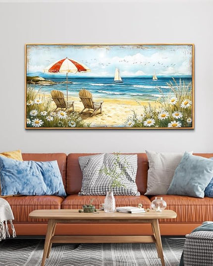 ERQINHUA Large Wall Decor Canvas Painting Wall Art For Living Room Decoration Blue Seaside Landscape Painting Bedroom Print Artwork Picture For Dining Room Bathroom Home Decor Wood Frame 24x48 In