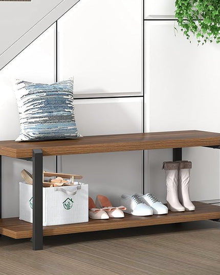 FOLUBAN Entryway Bench with Shoe Storage, Modern End of Bed Bench, Wood and Metal Entry Bench for Hallway Front Door Entrance, Industrial Indoor Bench for Bedroom Living Room, Rustic Walnut, 47 Inch