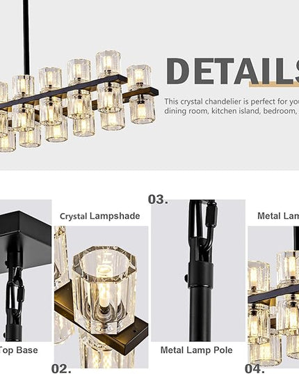 Crystal Black Rectangular Chandelier for Dining Room, 54in Chandeliers Over Table, Modern Chandelier Rectangle Contemporary Pendant Light Fixture for Kitchen Island Bar, Includes 60XG4 Bulbs