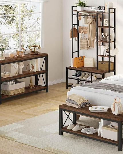 BON AUGURE Entryway Bench with Storage, 2 Tier Wood Metal Shoe Bench, Storage Benches for Bedroom, Entrance, Hallway, Mudroom, Indoor (47 inch Wide, Rustic Oak)