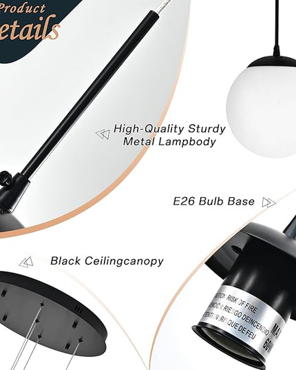 KoKo&Yukina 5-Light Globe Glass Pendant Light Adjustable Length Pendant Lights Fixtures Modern Black Chandelier with Milky White Glass Ceiling Lights for Living Room Staircase (Bulb & Remote Incl.)