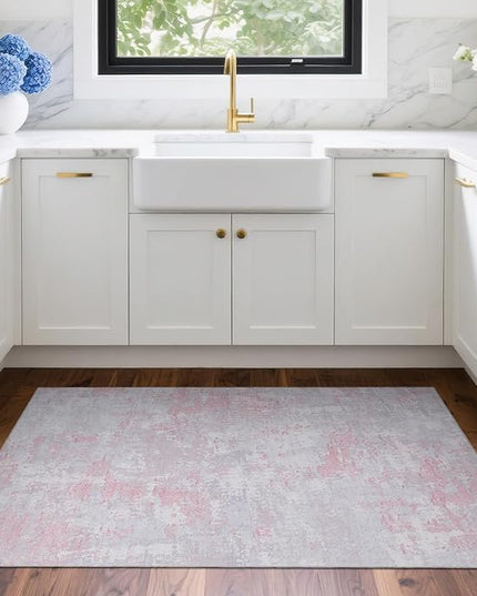 Modern Abstract 2x3 Area Rug Non Slip Non Shedding Low Pile Stain Resistant Rug for Entryway Kitchen Bedroom,Grey Pink