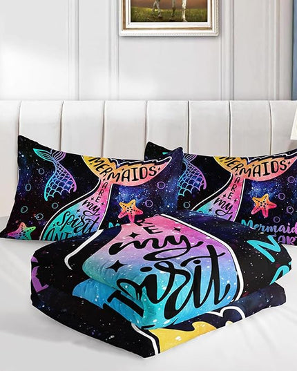 Galaxy Mermaid Comforter Set Twin Size,3 Piece Mermaid Tail Bedding Set for Girls Kids Pink Orange Violet Mermaid Fish Space Bedding Quilt Set for Girls Kids Bedroom