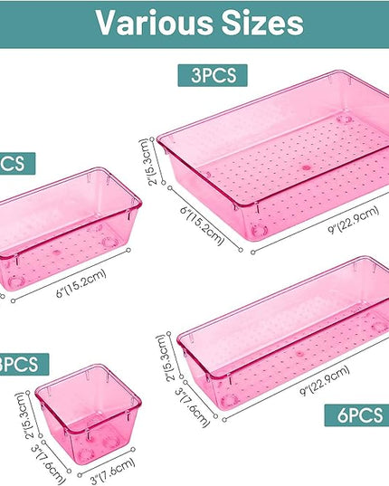 WOWBOX 25 PCS Plastic Drawer Organizer Set, 4 Sizes Desk Drawer Divider Organizers and Storage Bins for Makeup, Jewelry, Gadgets for Kitchen, Bedroom, Bathroom, Office, Clear Pink