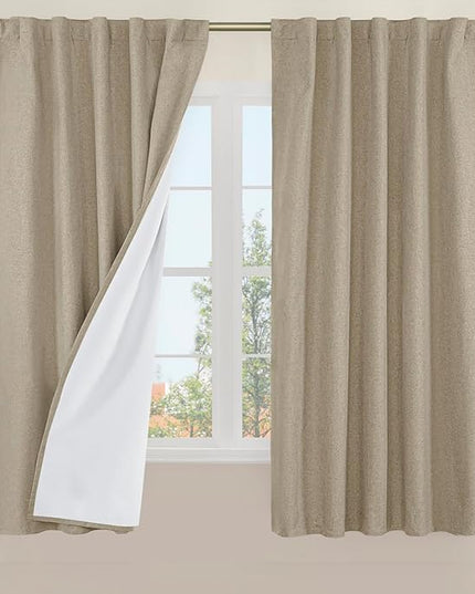 LAMIT 100% Blackout Linen Curtains, 63 Inches Linen Textured Thermal Bedroom Curtains Back Tab and Rod Pocket Neutral Panels with White Liner for Short Windows, 2 Panels, Taupe, 42 x 63 Inch