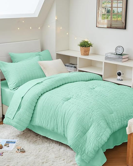 HYMOKEGE Mint Green Twin XL Comforter Set Seersucker 5 Pieces, All Season Luxury Bed in a Bag for Bedroom, Bedding Set with Comforter, Sheets, Pillowcase & Sham