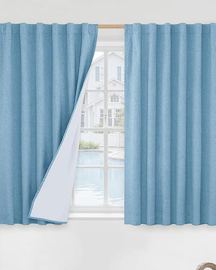 LAMIT Blue 100% Blackout Window Curtains for Boy Bedroom, 45 Inches Linen Textured Thermal Farmhouse Curtains Back Tab and Rod Pocket Window Panels with White Liner, 2 Panels, 52 x 45 Inch