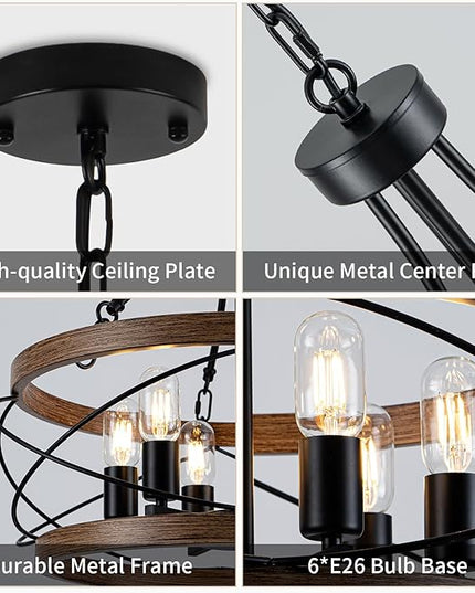 6-Light Farmhouse Chandelier, 23.62" Rustic Drum Dining Room Light Fixture, Vintage Wood Finish Metal Hanging Pendant Lighting, Industrial Candle Chandeliers for Living Room Kitchen Entryway Bedroom