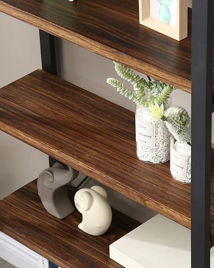 Solid Wood Bookshelf,4 Tier Rustic Vintage Industrial Etagere Bookcase, Open Metal and Wood Vintage Book Shelf, Retro Brown (RealWood)(4-Tier)