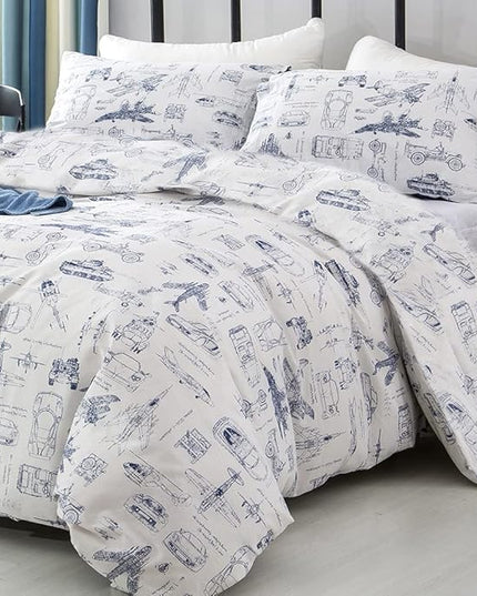 CLOTHKNOW Kids Comforter Set Twin/Twin XL 3Pcs Cartoon Vehicle Bedding Comforter Sets Blue White Comforter Boys Bedding Twin Tank Aircraft Pattern