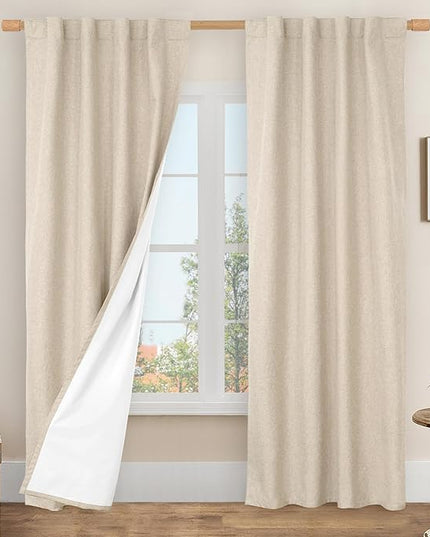 LAMIT 100% Blackout Linen Curtains, 84 Inch Linen Textured Living Room Farmhouse Curtains Room Darkening Back Tab and Rod Pocket Burlap Neutral Panels with White Liner, 2 Panels, 38 x 84 Inch