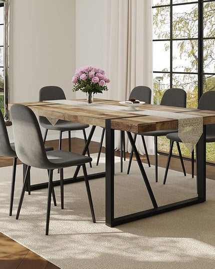 FURNITO Wood Dining Table Set for 6, 71" Large Rectangular Kitchen & Dining Room Table with 6 Fabric Linen Chairs, Modern Farmhouse Dining Set for Home, Living Room, Office, or Conference Room