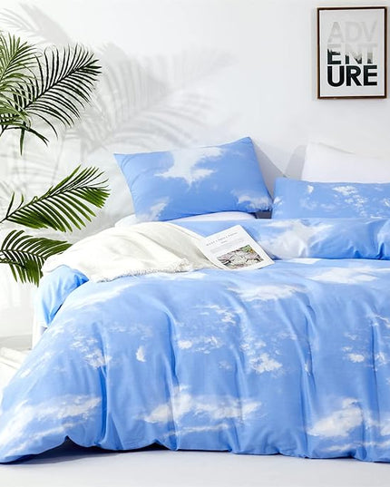 CLOTHKNOW Blue Sky 3Pcs Bedding Set - Twin Comforter Set with 2 Pillowcases, Cotton Microfiber, Cloud Design, Unisex, All Seasons, Machine Wash