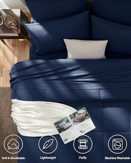 CozyLux King Size Comforter Set Navy Blue, 7 Pieces Bed in a Bag, Navy Blue Comforter King Size, All Season Bedding Sets with Stitch Quilted Comforter, Flat Sheet, Fitted Sheet, Pillowcases
