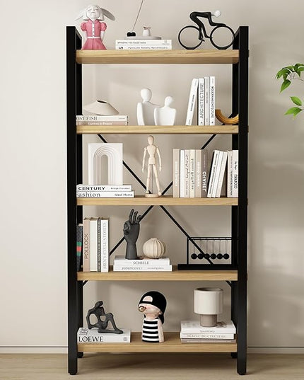 Real Solid Wood Bookshelf Shelves Rustic Vintage Industrial Etagere Bookshelf, Metal & Timber Free Vintage Bookcase, (Genuine Timber) (5-Tiers-Real Wood)