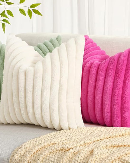 decorUhome Faux Fur Spring Throw Pillow Covers 20x20 Set of 2, Decorative Soft Plush Striped Neutral Couch Euro Pillow Covers with Velvet Back for Sofa, Bed, Living Room Home Decor, Sage Green