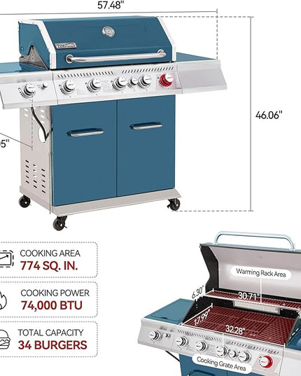 Royal Gourmet GA5403B 5 Burner Propane Gas Grill with Side Burner & Rear Burner, Cabinet Style Design BBQ Grill with 74,000 BTUs Output for Barbecue Grilling & Backyard Cooking, Blue